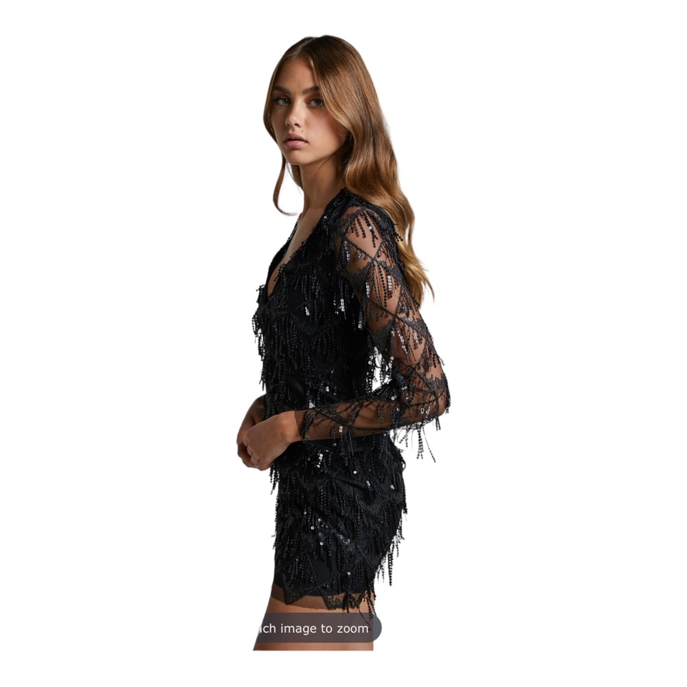 NWT BY THE WAY x Revolve Black Sequin Fringe Long Sleeve Mini Dress XL Cocktail - Picture 4 of 11